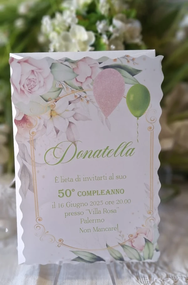 Invito 50 Anni Donna fiori rosa e verde